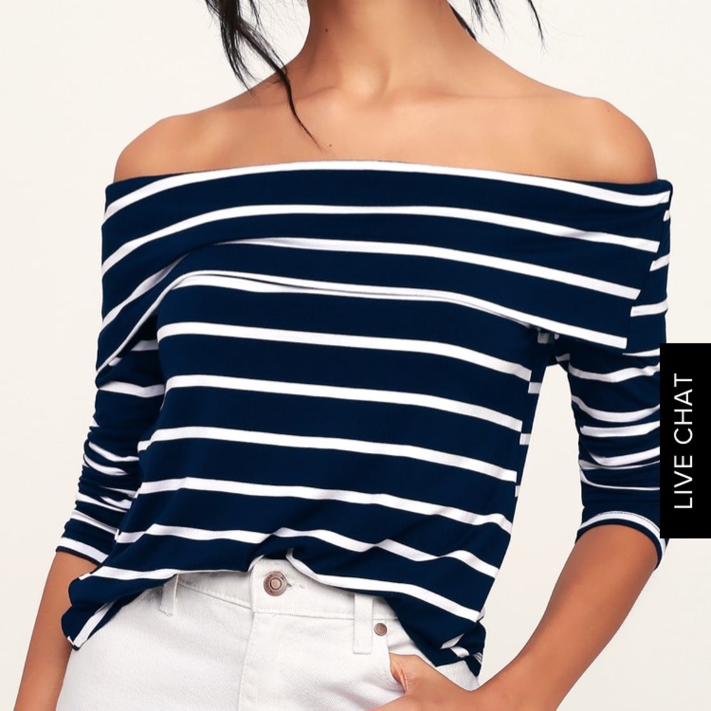 FAIRHAVEN NAVY BLUE/ WHITE OFF-THE-SHOULDER TOP